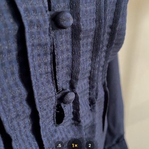 Navy blue mini check covered button blouse mandarin collar - Picture 4 of 12